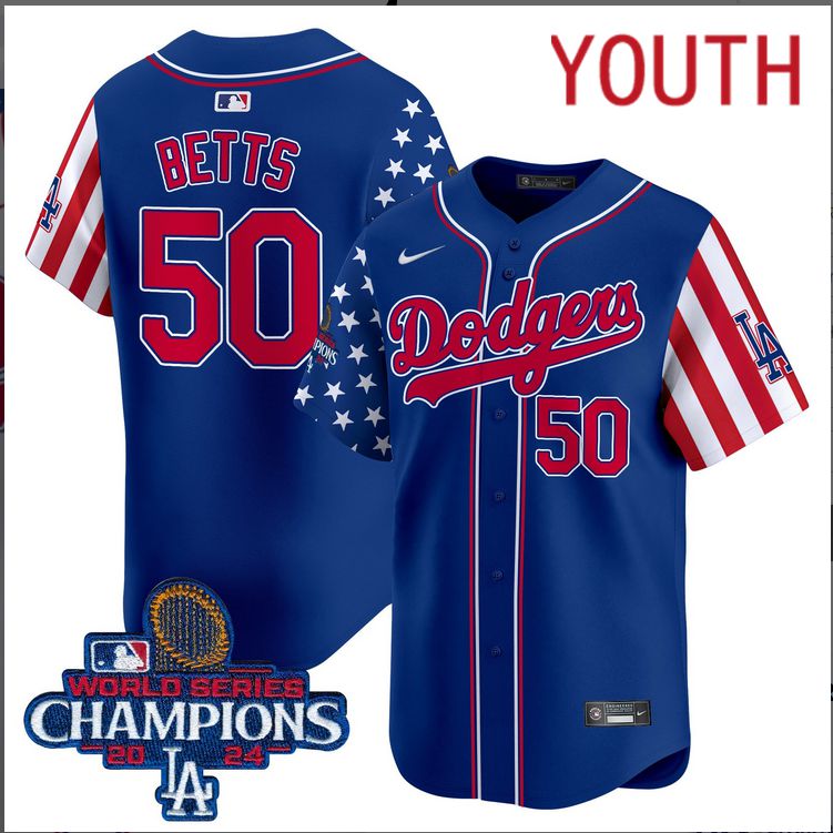 Youth  MLB Los Angeles Dodgers #50 Betts American Style blue 2024 World Series Champions  Limited Jersey->youth mlb jersey->Youth Jersey